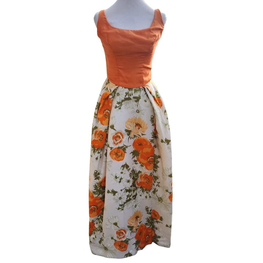 Vintage MCM 70s Orange Floral Maxi Dress Sleeveless Poppy Print Pleated MOD